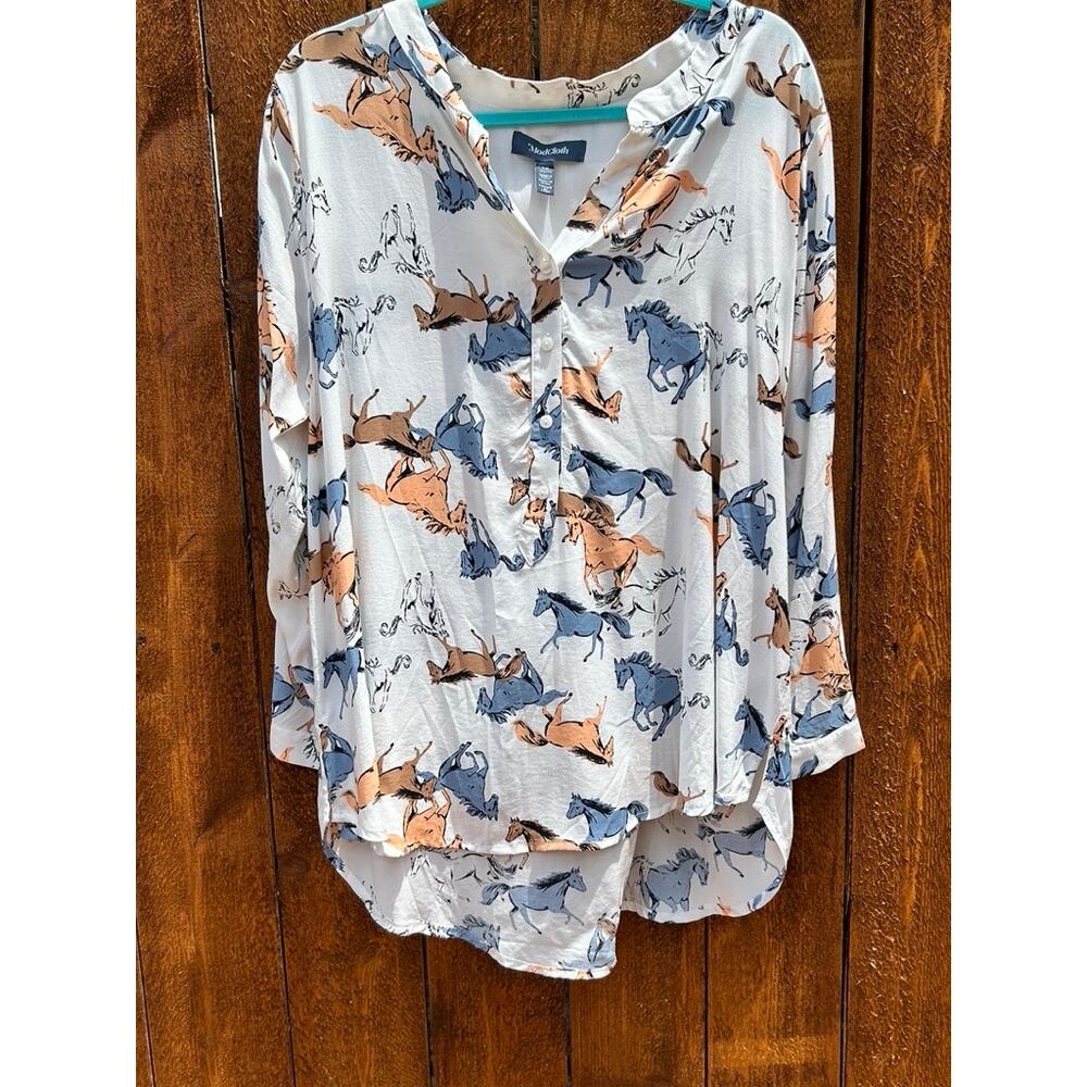 ModCloth Horse Print Blouse 1X EUC Viscose Rayon Equestrian Western Top